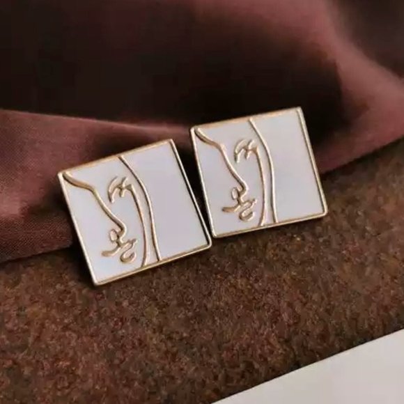 White & Gold Geometric Stud Earrings - Picture 2 of 2
